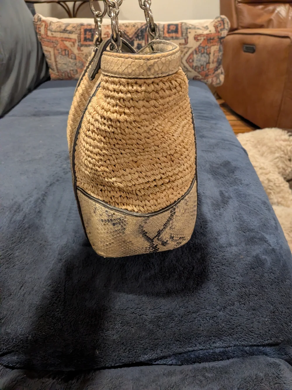 COACH Hampton Woven Straw Tote with Snakeskin Trim - Natural